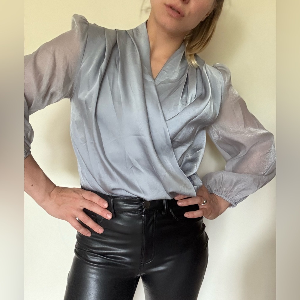 Silvery Wrap-Style Dress Blouse – Size Medium – Excellent Condition - Picture 2 of 10